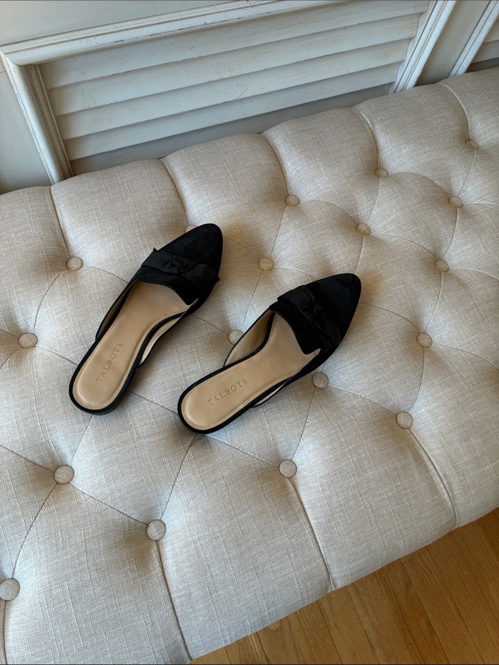 Talbots Black Suede Bow Slip-On Mules